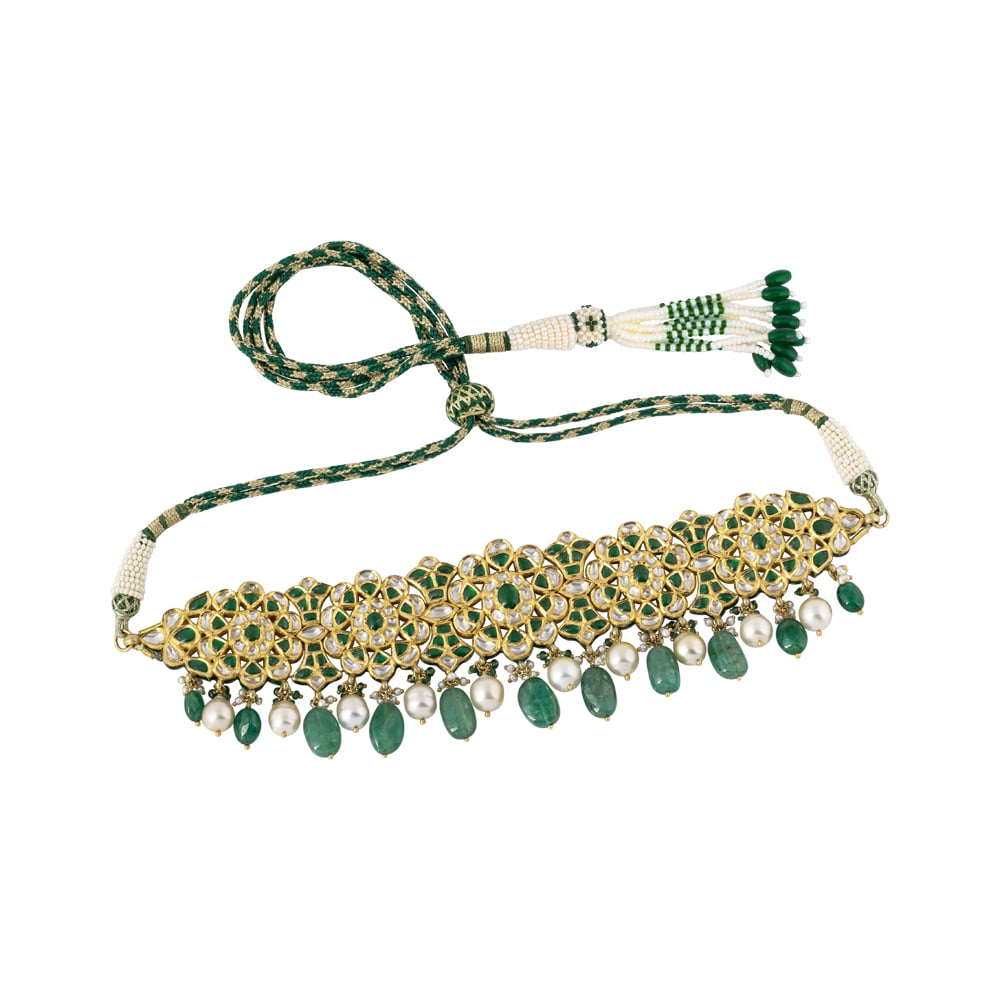 Floral Polki Choker with Green Talaf, Emerald & Pearl Drops